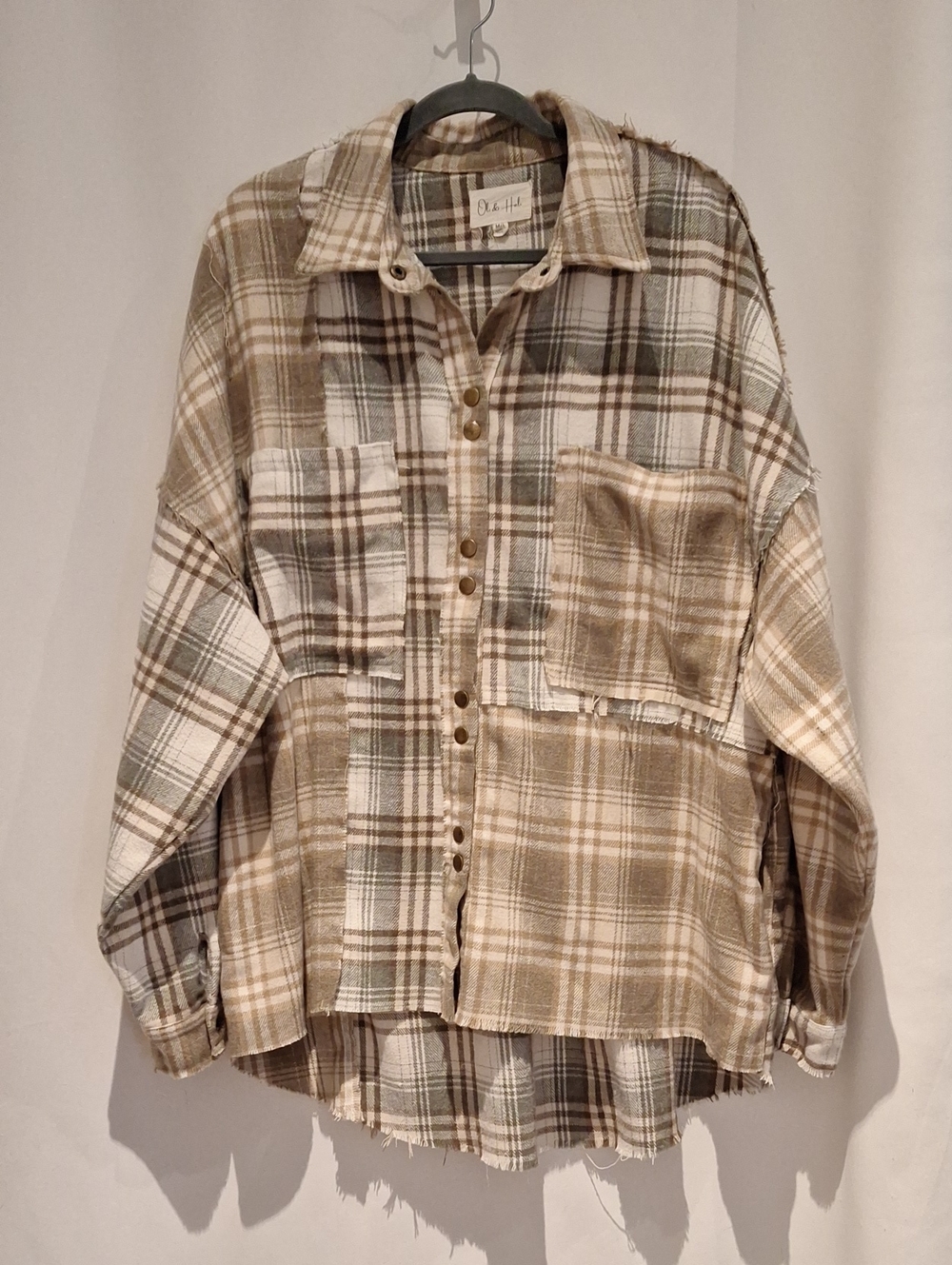 Oli & Hali Plaid Patchwork Mixed Media Snap Closure Shacket
